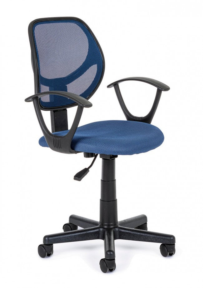 Silla de oficina azul con reposabrazos.