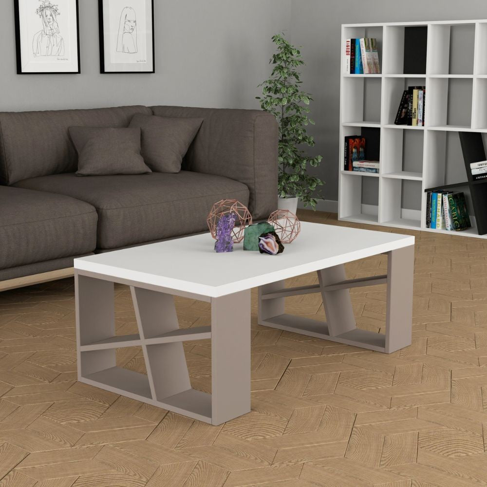 Mesa de salón Honey con tapa blanca y patas gris tórtola