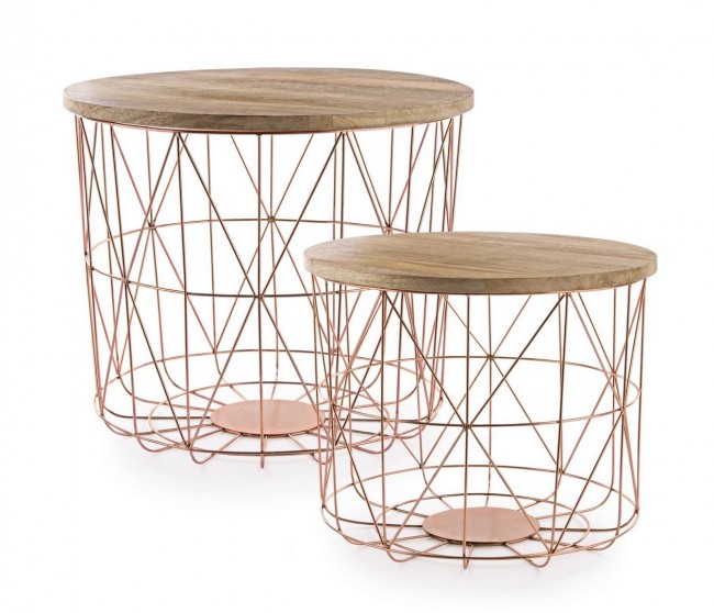 Juego de 2 mesas de centro con contenedor y tejido de cobre.
