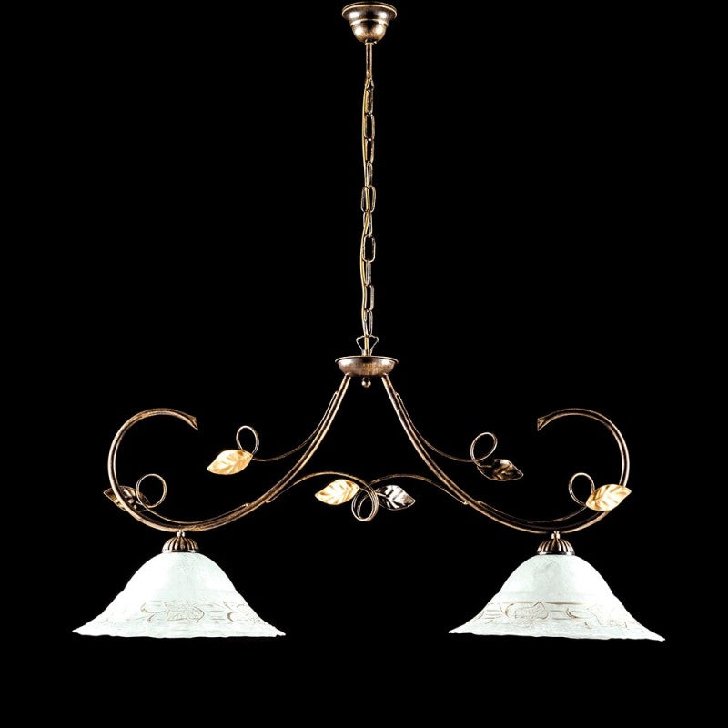 Araña de hierro marrón dorado dos luces Pantalla de cristal blanco 94x h49 cm