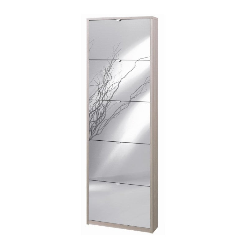 Zapatero delgado de cinco puertas con espejo en Light Olmo 63x18x h190 cm