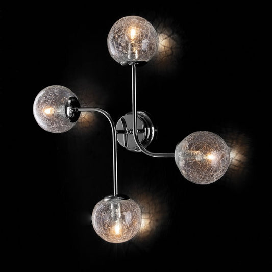 Lámpara de techo de 4 luces de hierro cromado pulido con esferas de vidrio soplado transparente craquelado