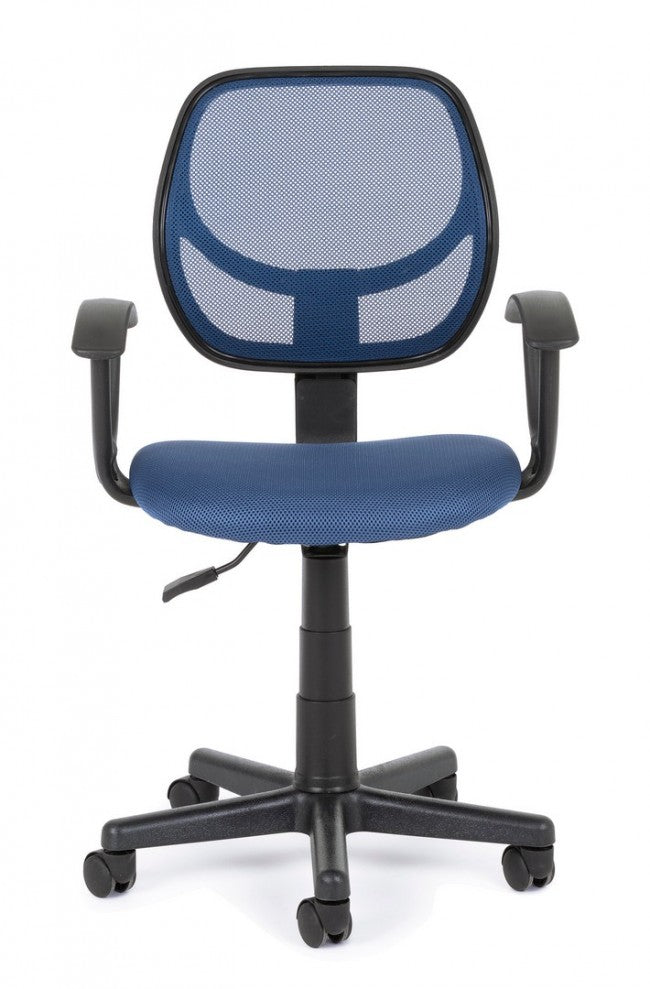Silla de oficina azul con reposabrazos.