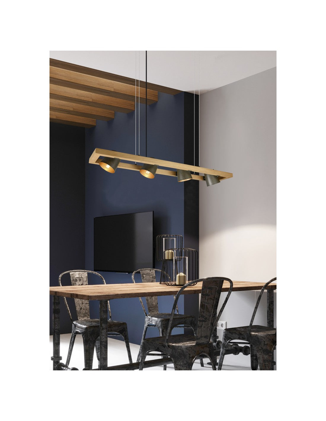 Lámpara de suspensión rectangular con 4 focos ajustables en madera y metal níquel Bell Trio Lighting