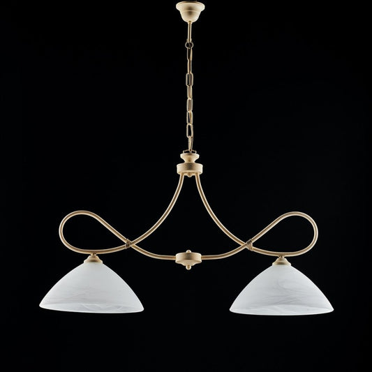 Araña de hierro decape marfil dos luces pantalla de cristal de alabastro blanco 92x h50 cm