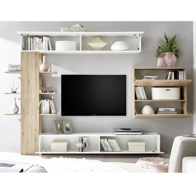 Mueble de salón blanco y roble L.295xP30xh.187 cm