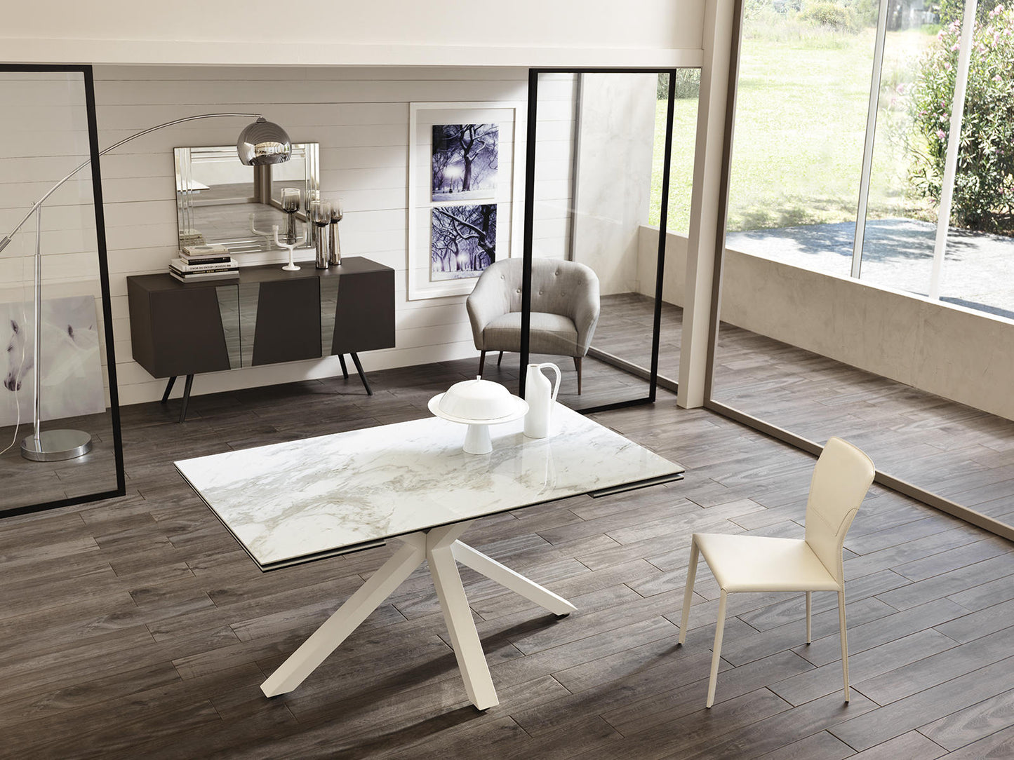 Mesa extensible blanca-cerámica mármol blanco 90 cm x 160-240 cm H. 76 cm