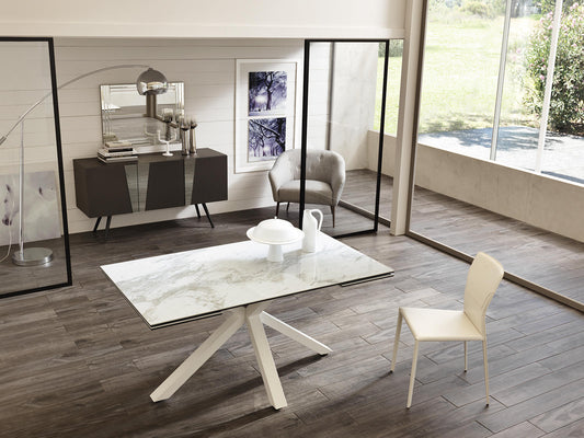 Mesa extensible blanca-cerámica mármol blanco 90 cm x 160-240 cm H. 76 cm