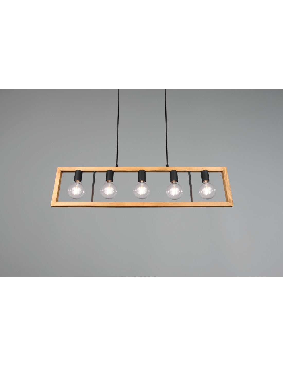 Lámpara de araña rectangular de madera Agra, 5 luces, iluminación en trío de madera natural y negro