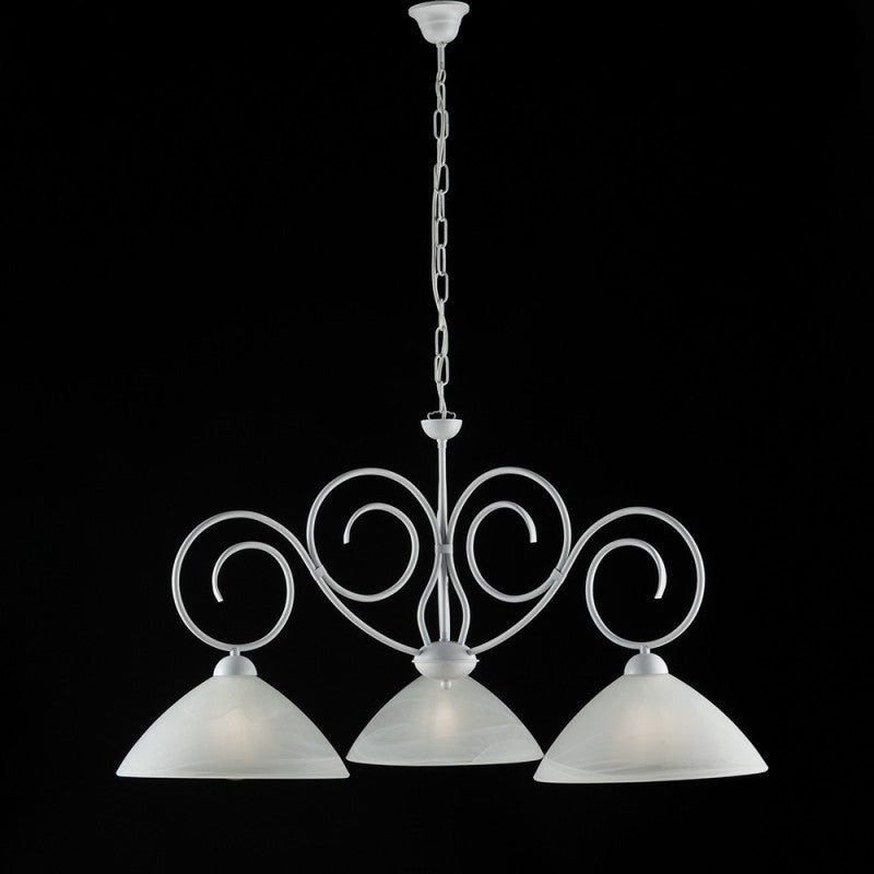 Araña de hierro Shabby blanca de tres luces con pantalla de cristal blanco 78x h54 cm