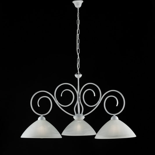 Araña de hierro Shabby blanca de tres luces con pantalla de cristal blanco 78x h54 cm