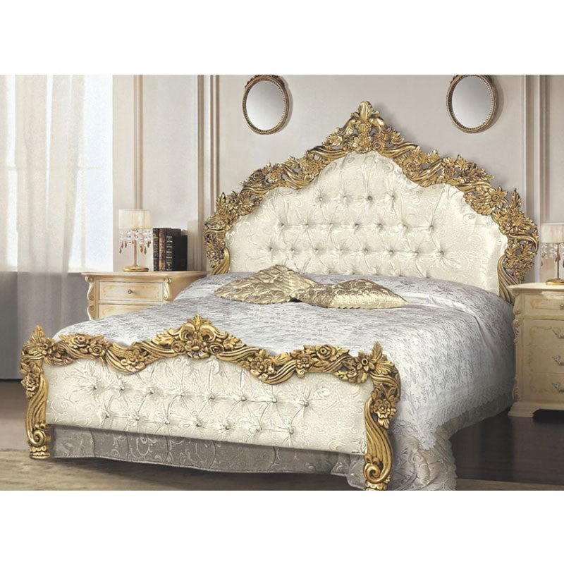 Cama doble de madera con cabecero y pie de cama en tejido damasco 172x200xh.170 cm
