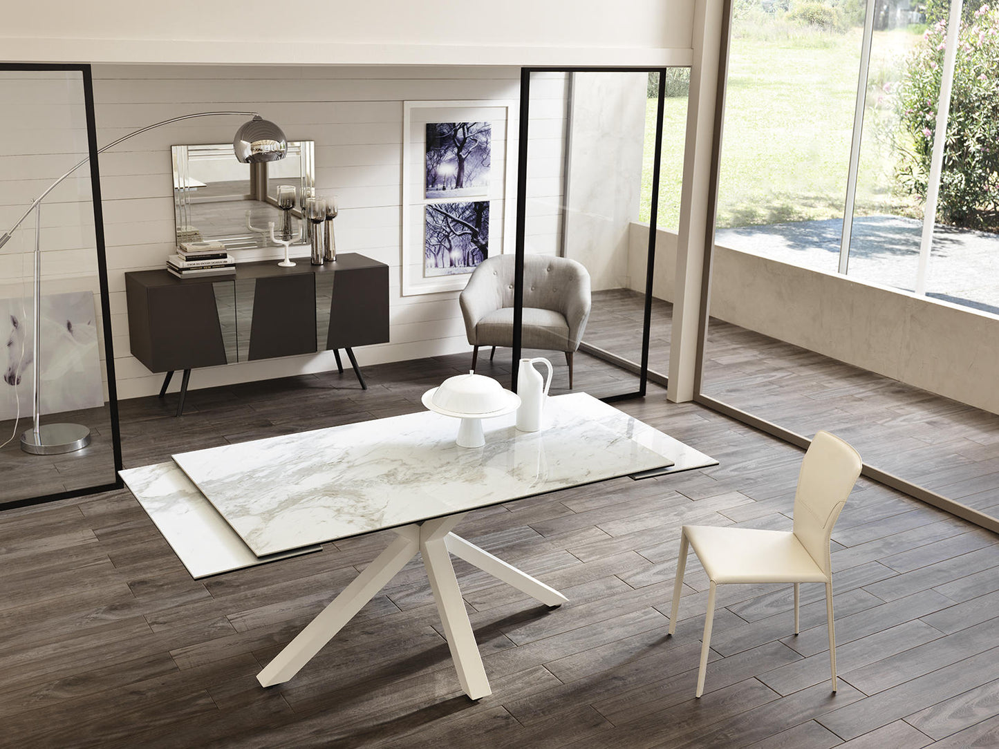 Mesa extensible blanca-cerámica mármol blanco 90 cm x 160-240 cm H. 76 cm