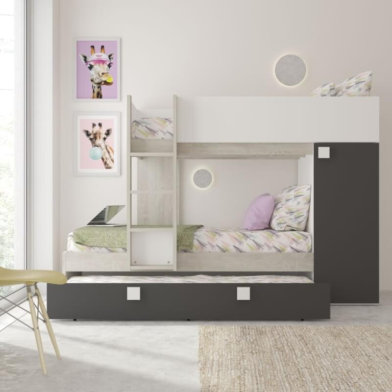 Cameretta con letto a castello e letto estraibile con armadio integrato colore bianco consumato e antracite