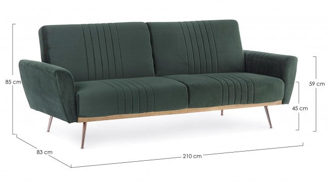 Sofá cama de tres plazas en terciopelo Verde Oscuro JOHNNY 210x83x h85 cm