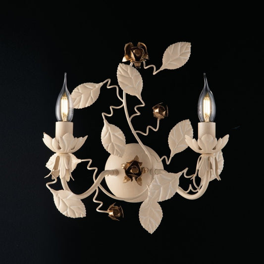 Aplique de hierro marfil Decape con dos luces, acabado dorado 36x h38 cm