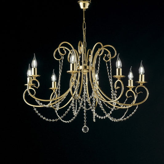 Araña de ocho luces de hierro dorado con pedrería 74x h58 cm