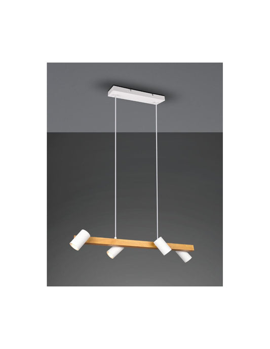 Lámpara de suspensión lineal de madera 4 focos cilíndricos orientables blanco Marley Trio Lighting