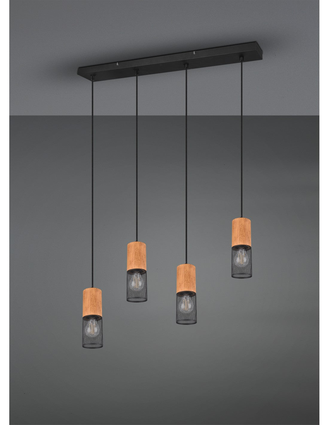 Tosh Suspensión Negro 4xE27 Jaula de madera y metal L65 cm Trio Lighting