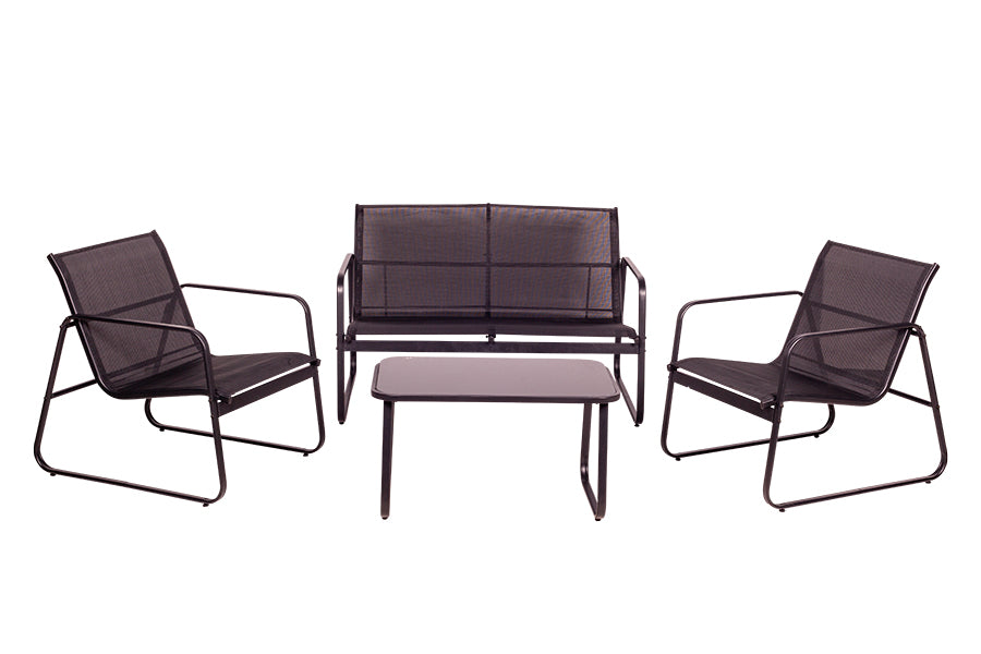 Conjunto de 4 sofás, sillones y mesa de centro negros. Tamaño abierto: 165X65X112cm.