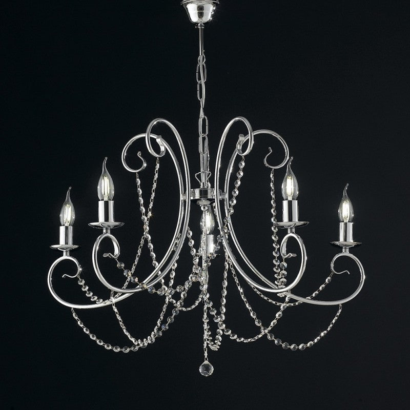 Araña de cinco luces de hierro cromado con pedrería 68x h55 cm