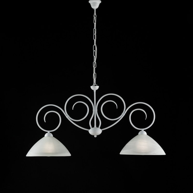 Lámpara de araña Shabby White de hierro con dos luces, pantallas de cristal blanco 99x h52 cm