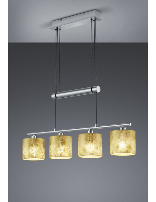 Lámpara de suspensión Garda Nichel 4 pantallas de tela dorada L 77 cm Trio Lighting
