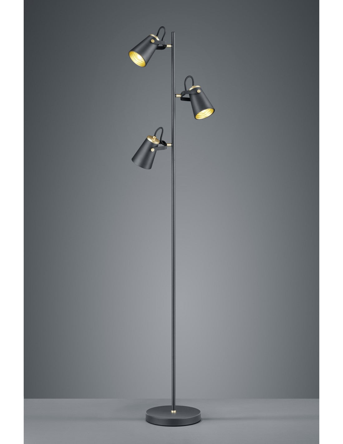 Lámpara de pie Minimal 3 conos orientables Edward Al. 160 cm Negro y dorado Trio Lighting