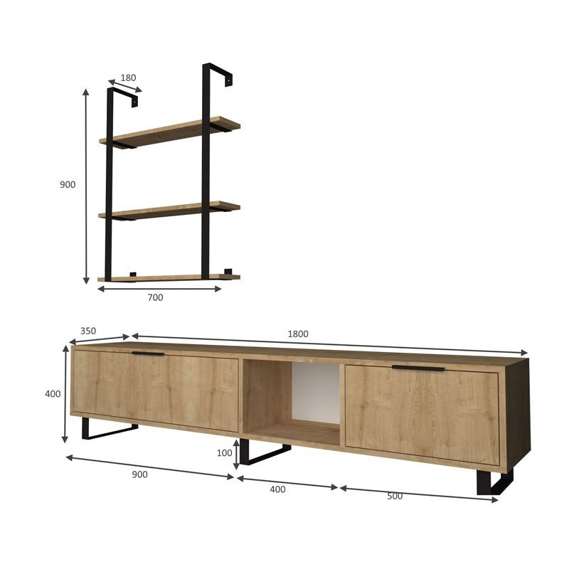 Mueble TV 2 solapas y librería 3 baldas roble 180x35xh.40 cm
