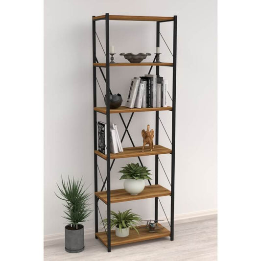 Librería Alvin con 6 estantes de roble oscuro con estructura de metal