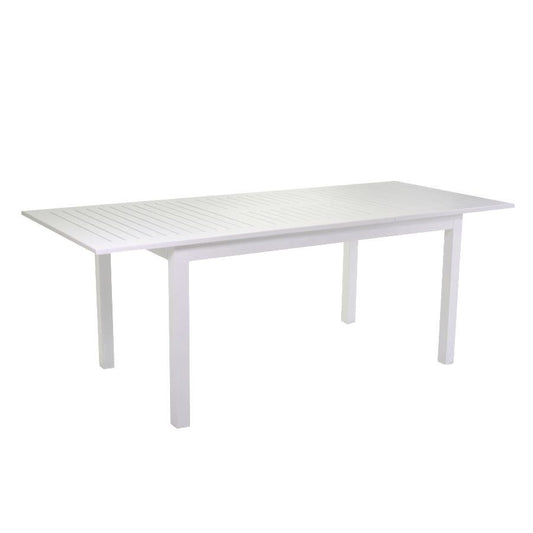 Mesa extensible Sullivan de aluminio en color blanco.