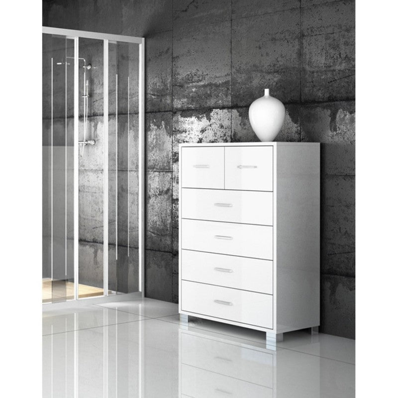 Cómoda alta para dormitorio con seis cajones Blanco fresno 70x41x h112 cm