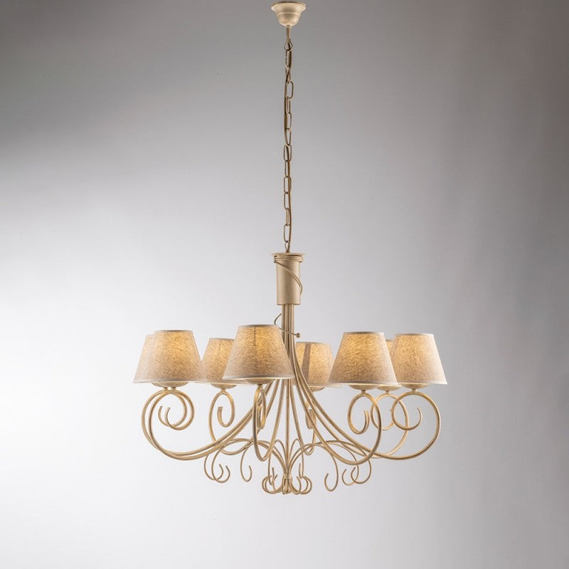Araña de hierro Viena Marfil Oro ocho luces pantalla efecto tela 78x h63 cm