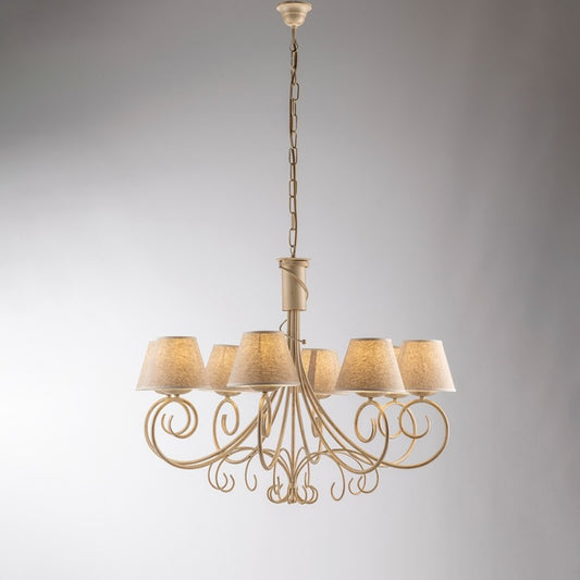 Araña de hierro Viena Marfil Oro ocho luces pantalla efecto tela 78x h63 cm