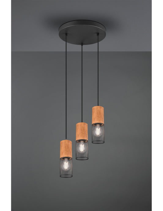 Tosh Suspensión Negro 3xE27 Jaula Madera Y Metal Ø28 cm Trio Lighting