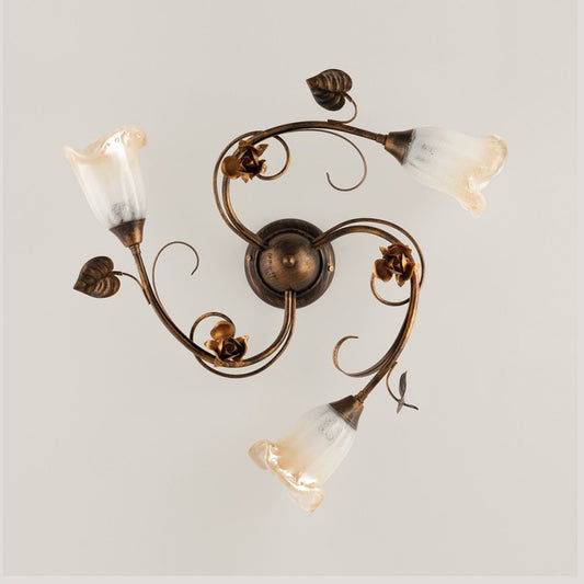 Lámpara de techo de hierro Hojas de oro marrón tres luces 58x h15 cm