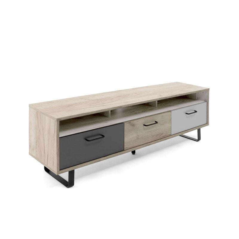 Base mueble TV con 3 puertas abatibles en color roble y gris 160x35xh.53 cm