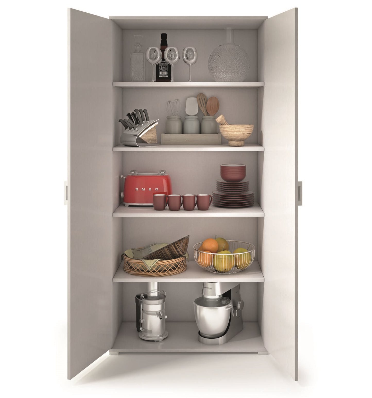 Mueble con doble puerta y cuatro estantes regulables, puertas blancas