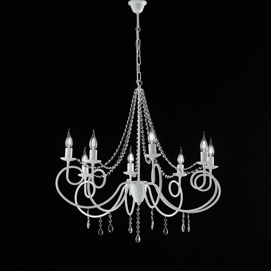 Araña de hierro blanco con ocho luces, decoración desgastada y pedrería 80x h75 cm