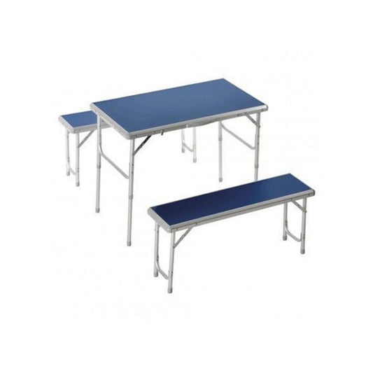 Conjunto de picnic en aluminio y MDF, una mesa y dos bancos plegables en una maleta