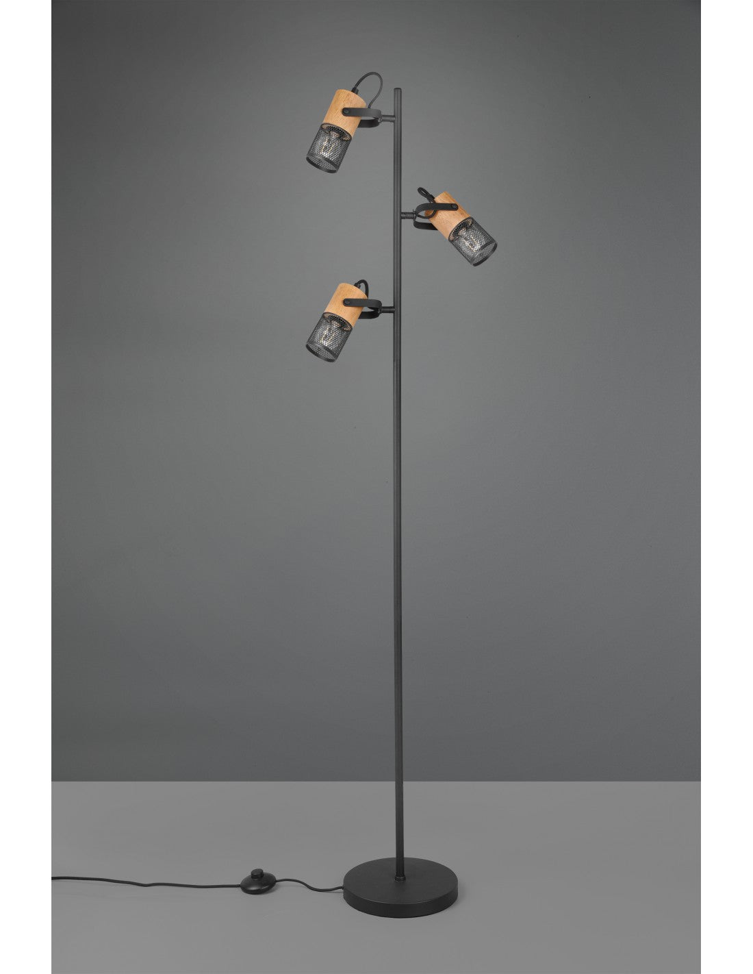 Tosh Lámpara de Pie Negro 3xE14 Jaula Madera y Metal Al. 150 cm Trio Lighting