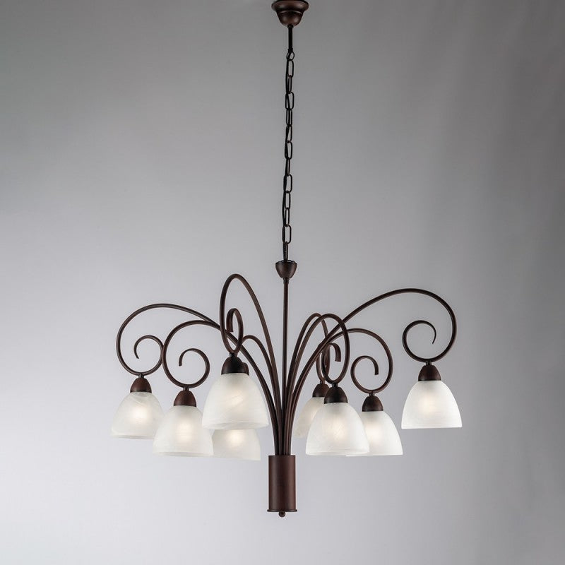 Lámpara de araña de hierro negro óxido con pantallas de cristal blanco ocho luces 81x h58 cm