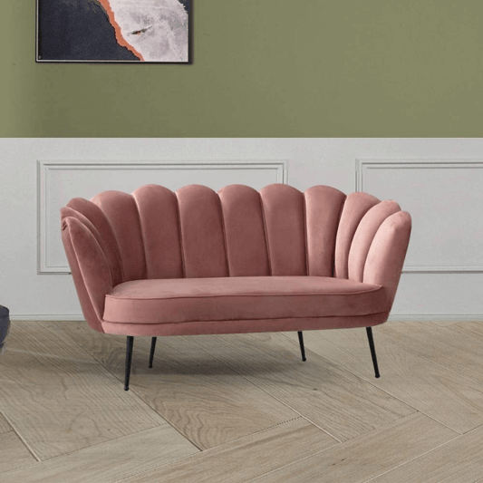 Sofá de dos plazas Orel de terciopelo en forma de concha rosa antiguo y pies negros