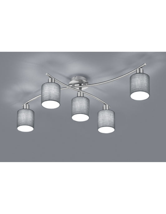 Lámpara de techo Garda Nichel, 5 pantallas de tela gris, L 75 cm, Trio Lighting