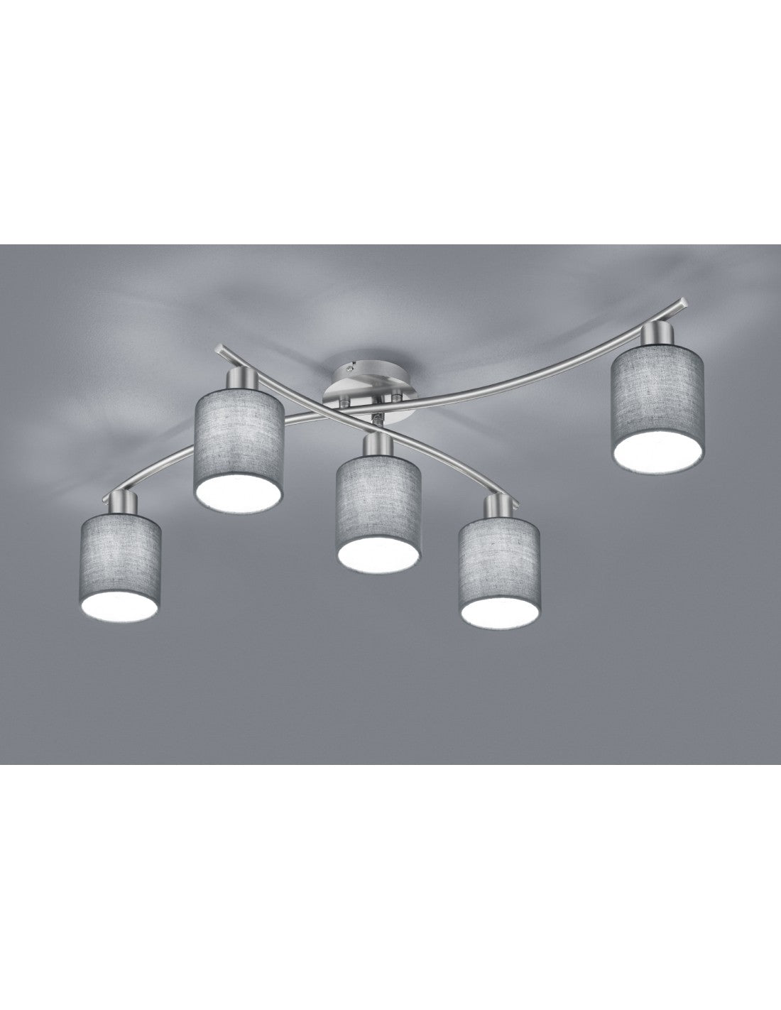 Lámpara de techo Garda Nichel, 5 pantallas de tela gris, L 75 cm, Trio Lighting