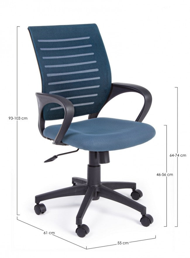 Silla de oficina azul con ruedas y reposabrazos.