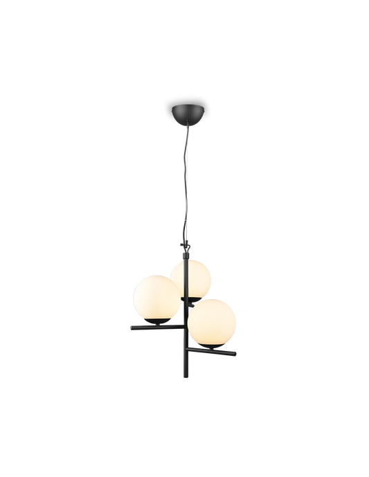 Lámpara de suspensión negra 3 esferas de cristal blanco Pure Trio Lighting