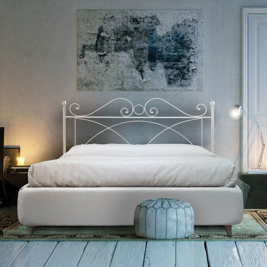 Cama doble de hierro con estructura de cuero ecológico SABRINA Blanco 166x208x h128 cm