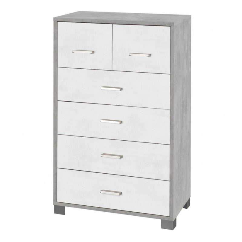 Cómoda alta para dormitorio con seis cajones en cemento blanco 70x41x h112 cm