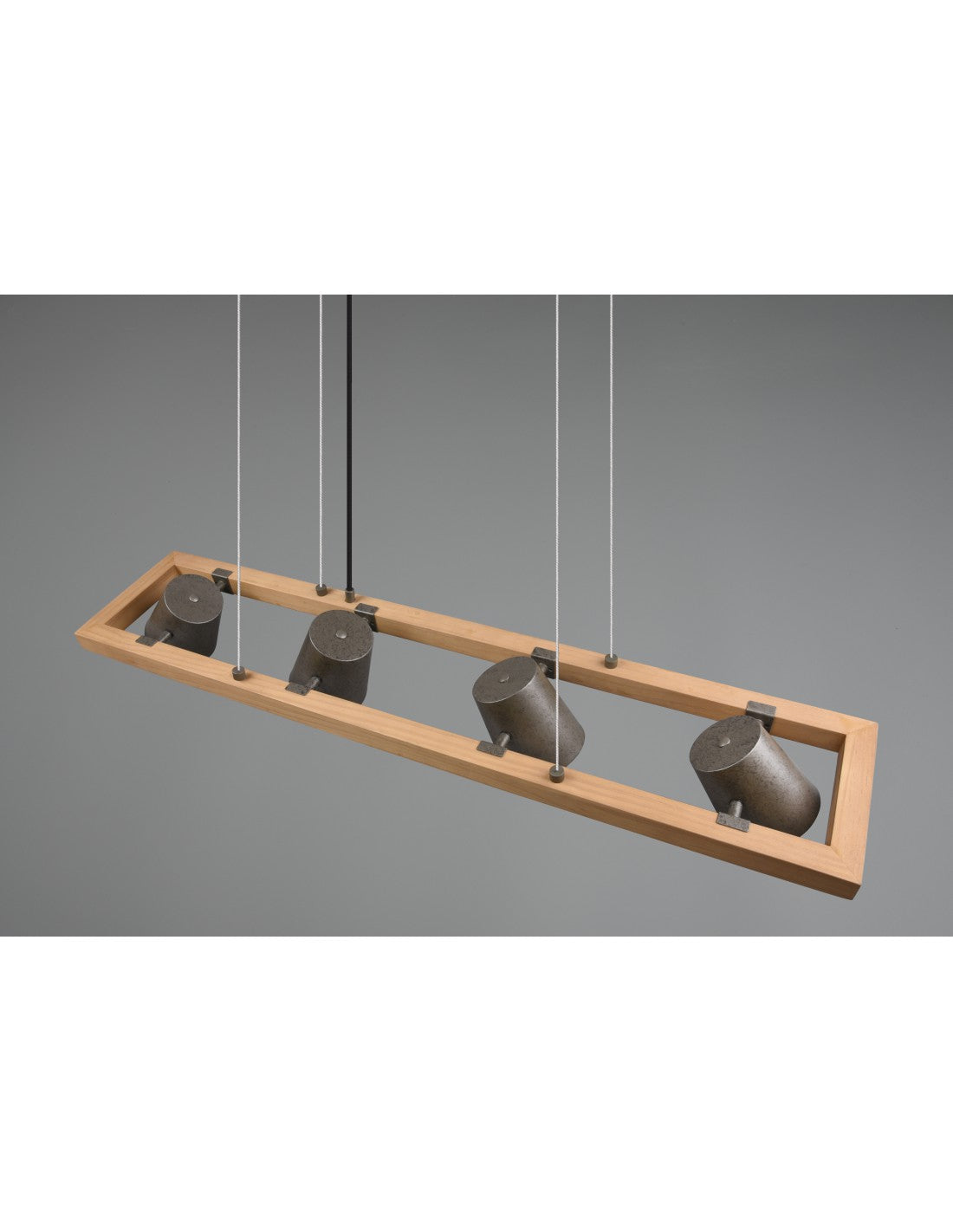 Lámpara de suspensión rectangular con 4 focos ajustables en madera y metal níquel Bell Trio Lighting